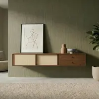 Idimex Lowboard SIMONA 175 cm hängend aus Massivholz, Kastanie Finish - TV Schrank mit Rattangeflecht und 2 Schiebetüren, Wohnzimmermöbel mit großzügigem Stauraum, Wandmontage Sideboard im Mid Century Style