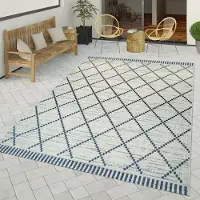 TT Home Flachgewebter In- & Outdoor Teppich Geometrisch Abstraktes Rauten Muster Weiß Größe 80x150 cm