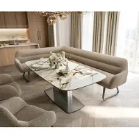 DELIFE Esszimmerbank Taya-Flex 285x190 cm Bouclé Schlamm Kufengestell flach Effektfinish Titan Taschenfederkern Rechts