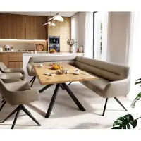 DELIFE Esszimmerbank Taya-Flex 285x190 cm Mikrofaser Beige Vintage Kreuzgestell kantig Schwarz Taschenfederkern Rechts