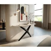 DELIFE Konsolentisch Edge Polygonal 140x50 cm Keramik Laminam Travertino Bianco Creme-Weiß Zentharo Metall Schwarz