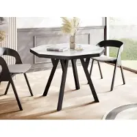 WFL GROUP Runder Ausziehbarer Esstisch Desmond mit Schwarzen Holzbeinen – Erweiterbar bis 150 cm, Ideal für 4 bis 8 Personen - Loft-Stil Tisch in Weißer Marmoroptik für Esszimmer - Marmor Weiß
