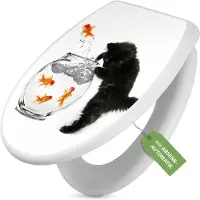 Banjado Toilettendeckel weiß mit Absenkautomatik und Motiv Katze Und Fisch [TDW 12355]