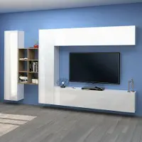 Dmora Wohnwand Danilo 280x30x180h cm Weiß 17 Fächer 4 Türen
