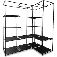 Relaxdays Eckschrank, HBT: 170 x 130 x 8 cm, 2 Kleiderstangen, 12 Ablagen, Eisen, Vlies, offener Kleiderschrank, schwarz