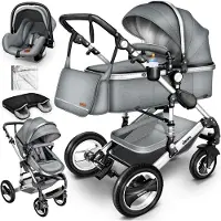 Kiduku 3 in 1 Kombi Kinderwagen Grau/Silber Buggy Reisebuggy inkl. Auto- Babyschale Faltbar ECE R129