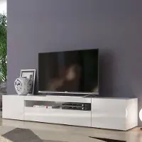 Dmora Fernsehschrank Dfirman, Niedriges Sideboard für Wohnzimmer mit 3 Türen, Sockel für TV-Möbel, 100 % Italy, cm 200x40h37, weiß glänzend