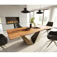 DELIFE Esstisch Edge 240x100 Akazie Natur Prisma Metallic Gold Live-Edge