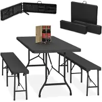 Relaxdays Bierzeltgarnitur klappbar, 3-tlg. Bierbank Set mit großem Tisch, für Garten, Festzeltgarnitur, 180 cm, schwarz