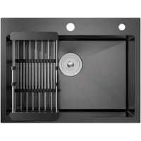 CECIPA MAX Edelstahlspüle 60x45 cm Schwarz mit ausziehbarem Abtropfkorb, Küchenspüle mit Nanobeschichtung, Einbauspüle für Unterschrank ab 60 cm,