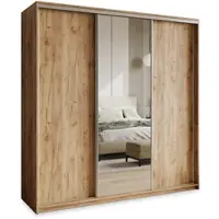 Masseno Schiebetürenschrank TAVI 200/205/60 cm Kleiderschrank mit Schubladen Schlafzimmer Schrank 3-türig mit Spiegel Craft Eiche Goldfarben + Satin