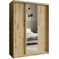 Masseno Schiebetürenschrank TAVI 150/205/60 cm Kleiderschrank mit Schubladen Schlafzimmer Schrank 3-türig mit Spiegel Eiche Artisan + Gold