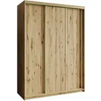 Masseno Schiebetürenschrank NISSE 150/205/60 cm Kleiderschrank mit Schubladen Schlafzimmer Schrank 3-türig Eiche Artisan + Gold