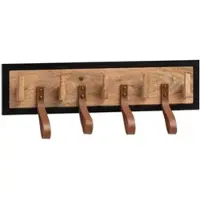 KADIMA DESIGN Wandgarderobe Mango Massivholz / Echtleder 60x15x6 cm, Hakenleiste für Jacken, Schals und Mützen, Flurgarderobe mit Metallrahmen, Garderobe Wand Holz