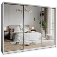 Masseno Schiebetürenschrank RIEN 270/205/60 cm Kleiderschrank mit Schubladen Schlafzimmer Schrank 3-türig mit Spiegel Weiß + Satin