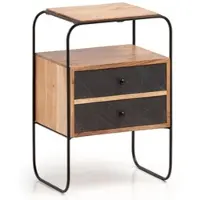 KADIMA DESIGN Nachttisch Akazie Massivholz / Steinoptik 40x60x30 cm Nachtschrank Boxspringbett, Industrial Nachtkonsole Braun mit 2 Schubladen & Ablagefläche,