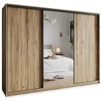 Masseno Schiebetürenschrank TAVI 270/205/60 cm Kleiderschrank mit Schubladen Schlafzimmer Schrank 3-türig mit Spiegel Eiche Wotan + Schwarz