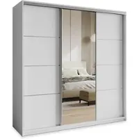 Masseno Schiebetürenschrank VARO 200/205/60 cm Kleiderschrank mit Schubladen Schlafzimmer Schrank 3-türig mit Spiegel Weiß + Satin
