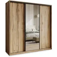 Masseno Schiebetürenschrank TAVI 180/205/60 cm Kleiderschrank mit 4 Schubladen Schlafzimmer Schrank 3-türig mit Spiegel Eiche Wotan
