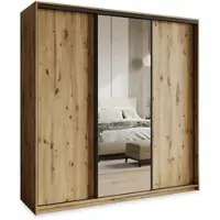 Masseno Schiebetürenschrank TAVI 200/205/60 cm Kleiderschrank mit Schubladen Schlafzimmer Schrank 3-türig mit Spiegel Eiche Artisan + Schwarz