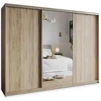 Masseno Schiebetürenschrank TAVI 270/205/60 cm Kleiderschrank mit Schubladen Schlafzimmer Schrank 3-türig mit Spiegel Sonoma Eiche + Satin