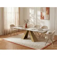 Vente-unique Esstisch ausziehbar - 6 bis 10 Personen - Sicherheitsglas, Keramik & goldfarbenes Metall - Marmor-Optik Schwarz & Taupe - LOZIPA von Maison Céphy