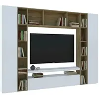 Dmora Wohnzimmermöbel Ddragon, Wohnzimmergarnitur TV-Möbel mit 3 Türen, Mehrzweck-Wohnmöbel, 100 % Italy, cm 270x35h210, glänzendes Weiß und Eiche