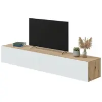 Dmora TV-Ständer Dmussi, TV-Ständer mit 2 Türen, hängender Wohnzimmerschrank, 180x35h28 cm, Node-Eiche und glänzendes Weiß