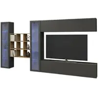 Dmora Wohnzimmermöbel Dfancon, Wohnzimmer-Set TV-Möbel mit 4 Türen, Mehrzweck-Wohnzimmermöbel mit Vitrine und LED-Beleuchtung, 100 % Italy, cm 350x30h180, Anthrazit
