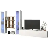 Dmora Wohnzimmermöbel Dchiorr, Wohnzimmergarnitur TV-Möbel mit 3 Türen, Mehrzweck-Wohnzimmermöbel mit Vitrine und LED-Licht, 100 % Italy, cm 350x30h180, glänzend weiß und Ahorn