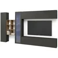 Dmora Wohnzimmermöbel Dcavio, Wohnzimmer-Set TV-Möbel mit 4 Türen, Mehrzweck-Wohnmöbel mit Vitrine und LED-Licht, 100% Italy, cm 280x30h180, Anthrazit und Ahorn