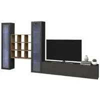 Dmora Wohnzimmermöbel Dchiorr, Wohnzimmer-Set TV-Möbel mit 3 Türen, Mehrzweck-Wohnmöbel mit Vitrine und LED-Licht, 100 % Italy, cm 350x30h180, Anthrazit und Ahorn