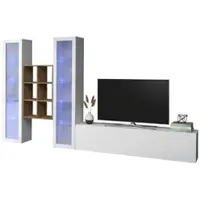 Dmora Wohnzimmermöbel Dcorrei, Wohnzimmer-Set TV-Möbel mit 3 Türen, Mehrzweck-Wohnmöbel mit Vitrine und LED-Licht, 100 % Italy, cm 320x30h180, glänzend weiß