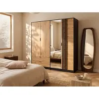 Vente-unique Kleiderschrank mit 4 Türen & 2 Schubladen - Mit Spiegel - 220 cm - Schwarz & Holzfarben - TUNALO