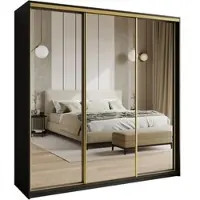 Masseno Schiebetürenschrank RIEN 200/205/60 cm Kleiderschrank mit Schubladen Schlafzimmer Schrank 3-türig mit Spiegel Schwarz + Gold