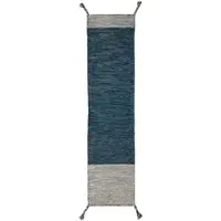 KADIMA DESIGN Läufer Wollmischung handgewebt Blau gestreift mit Quasten | 60x200cm