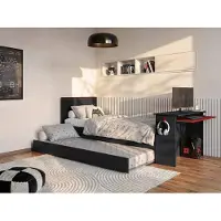 Vente-unique Ausziehbett Gamer mit Schreibtisch & LEDs - 90 x 200 und 90 x 190 cm + Lattenrost + Matratze - Anthrazit & Rot - VOUANI