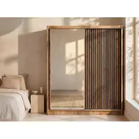 Vente-unique Kleiderschrank mit Spiegel - 2 Schiebetüren - 203 cm - Holzfarben & Schwarz - CALOWI