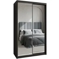 Masseno Schiebetürenschrank RIEN 120/205/60 cm Kleiderschrank mit Schubladen Schlafzimmer Schrank 2-türig mit Spiegel Schwarz + Schwarz