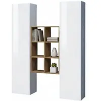 Dmora Kommode Ddeluc, Wohnzimmer-Set mit 2 Türen und Regalen, Wohnzimmer-Buffet, Küchen-Sideboard, 100% Italy, 140x30h180 cm, Weiß glänzend und Ahorn