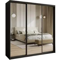 Masseno Schiebetürenschrank RIEN 200/205/60 cm Kleiderschrank mit Schubladen Schlafzimmer Schrank 3-türig mit Spiegel Schwarz + Schwarz