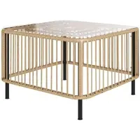 OKWISH Standard-Gartentisch Rattan Naturholzfarben 65x65x43 cm mit Glasplatte, wetterfest, UV-beständig und pflegeleicht