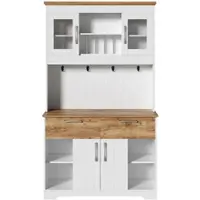 MODFU Küchenschrank Hochschrank mit Vitrinenfächern und Stauraum Aufbewahrungsschrank mit Schubladen und Hakenleiste Küchenbuffet Schrank mit Offener Stauraum Weiß