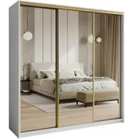 Masseno Schiebetürenschrank RIEN 200/205/60 cm Kleiderschrank mit Schubladen Schlafzimmer Schrank 3-türig mit Spiegel Weiß + Gold