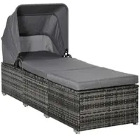 MODFU Sonnenliege PE-Rattan Grau 195x65x40 cm mit Baldachin, verstellbarer Rückenlehne und Kissen