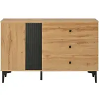 MODFU Sideboard aus Spanplatte in Natur/Schwarz, 120x35x76 cm, 1 Tür, 3 Schubladen, Metallfüße