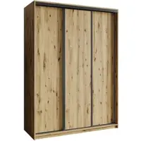 Masseno Schiebetürenschrank NISSE 150/205/60 cm Kleiderschrank mit Schubladen Schlafzimmer Schrank 3-türig Eiche Artisan + Schwarz
