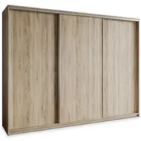 Masseno Schiebetürenschrank NISSE 270/205/60 cm Kleiderschrank mit Schubladen Schlafzimmer Schrank 3-türig Sonoma Eiche + Satin