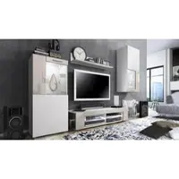 Vladon Wohnwand Movie, Anbauwand bestehend aus 1 TV-Board, 2 Vitrinen und 1 Regal, Weiß matt/Weiß matt/Sandgrau Hochglanz, inkl. LED-Beleuchtung weiß (Gesamt: 300 x 190 x 39 cm)