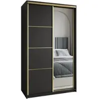 Masseno Schiebetürenschrank VARO 120/205/60 cm Kleiderschrank mit Schubladen Schlafzimmer Schrank 2-türig mit Spiegel Schwarz + Gold